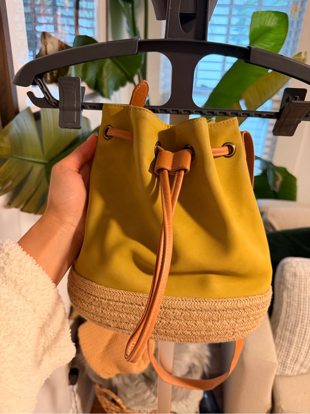 Yellow Drawstring Bucket Bag with Woven Base